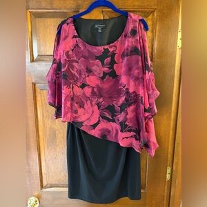 connected apparel Black Dress with Magenta Floral Asymmetrical Overlay